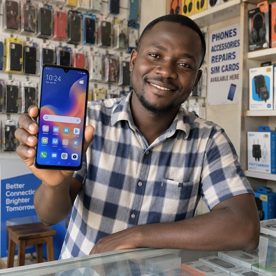 Commerçant de téléphones montrant son écran