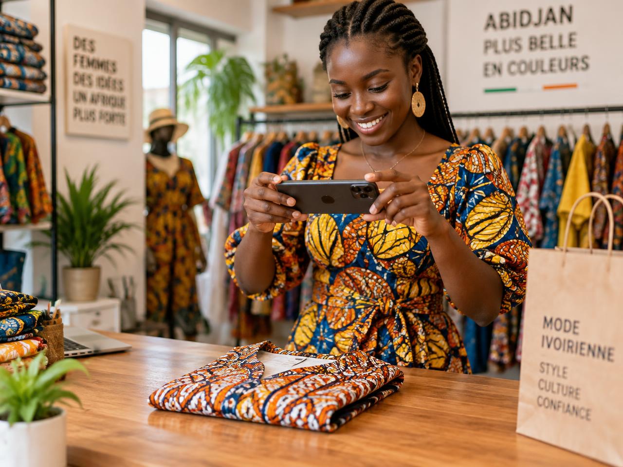 Commerçante à Abidjan photographiant un vêtement avec son téléphone